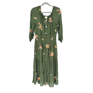 Anthropologie Fig and Flower Embroidered Smocked Tiered Ruffle Maxi Dress Medium